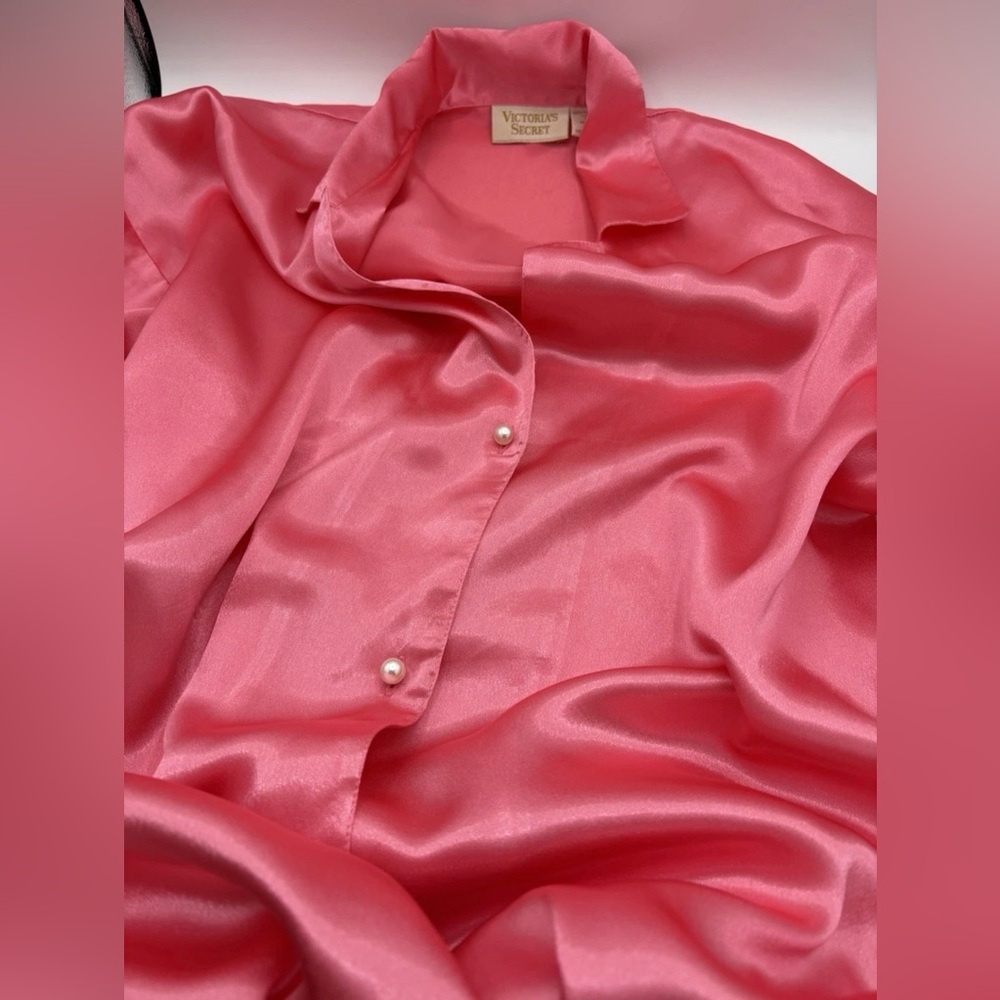 VTG Victoria's Secret Gold Label Pink Satin Sleep Shirt Gown Pearl Buttons Sz S